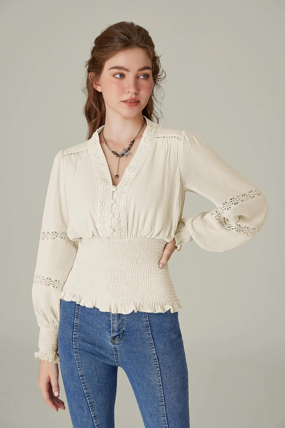 Scarlet Darkness Women's Renaissance Peasant Blouse V Neck Lantern Sleeve Lace Smocked Tops