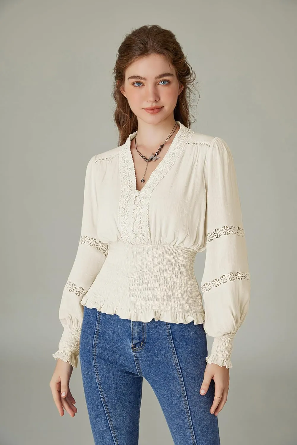Scarlet Darkness Women's Renaissance Peasant Blouse V Neck Lantern Sleeve Lace Smocked Tops