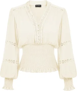 Scarlet Darkness Women's Renaissance Peasant Blouse V Neck Lantern Sleeve Lace Smocked Tops