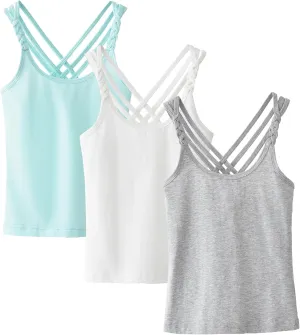 SEAUR 3 Pieces Girls Dance Tank Tops Twist Sleeve Racerback Camisole Ballet Undershirts Cotton Crop Top