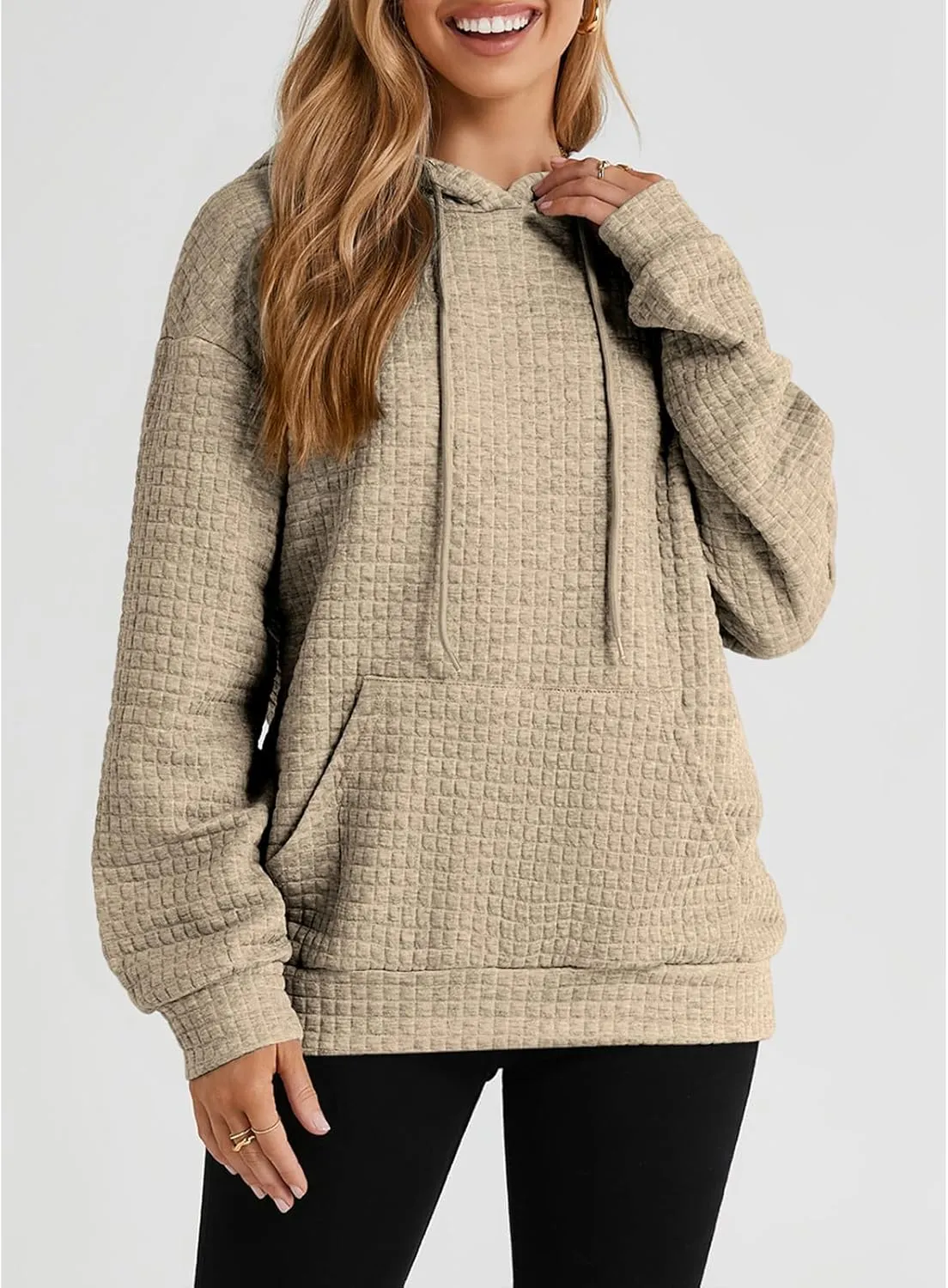SELINK Hoodies For Women Casual Pullover Waffle Long Sleeve Drawstring Hooded Sweatshirt with Pocket