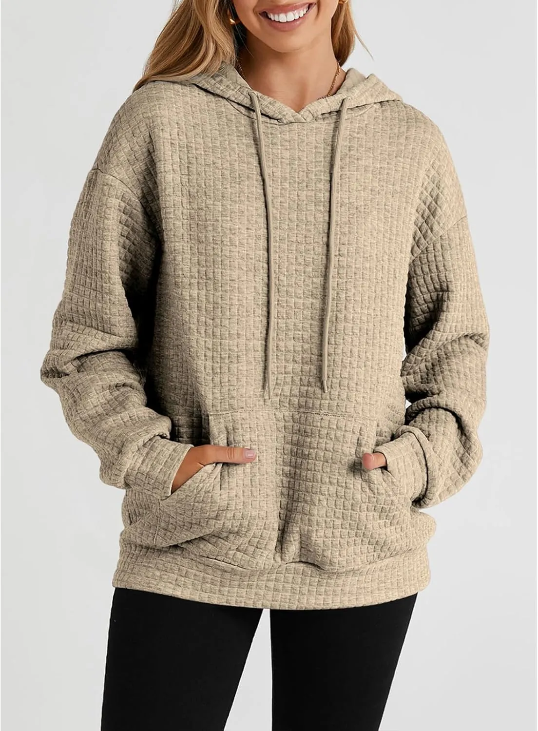SELINK Hoodies For Women Casual Pullover Waffle Long Sleeve Drawstring Hooded Sweatshirt with Pocket