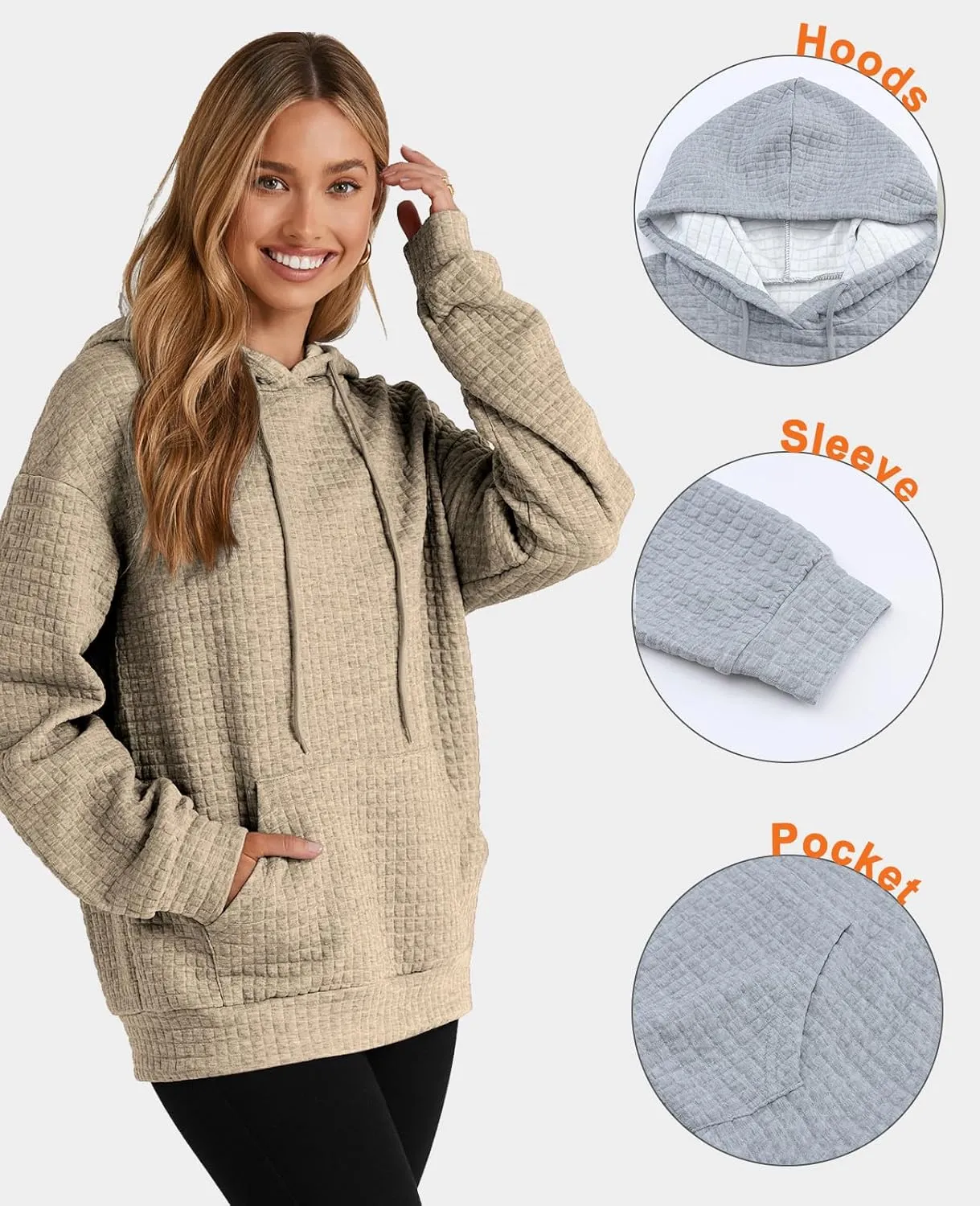 SELINK Hoodies For Women Casual Pullover Waffle Long Sleeve Drawstring Hooded Sweatshirt with Pocket
