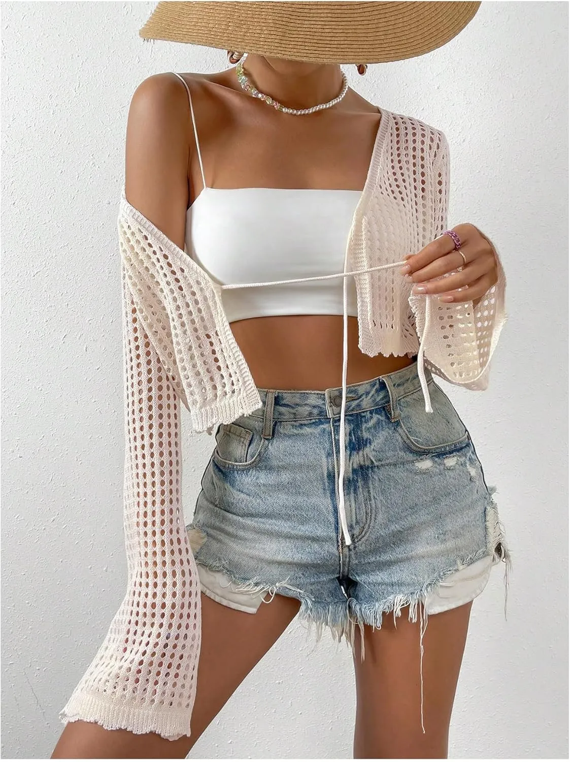 SHENHE Women's Tie Front Tops Bell Long Sleeve Knit Crochet Cardigan Crop Top