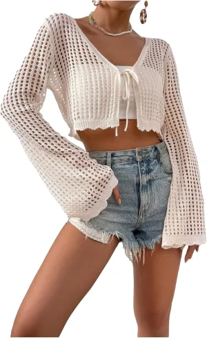 SHENHE Women's Tie Front Tops Bell Long Sleeve Knit Crochet Cardigan Crop Top