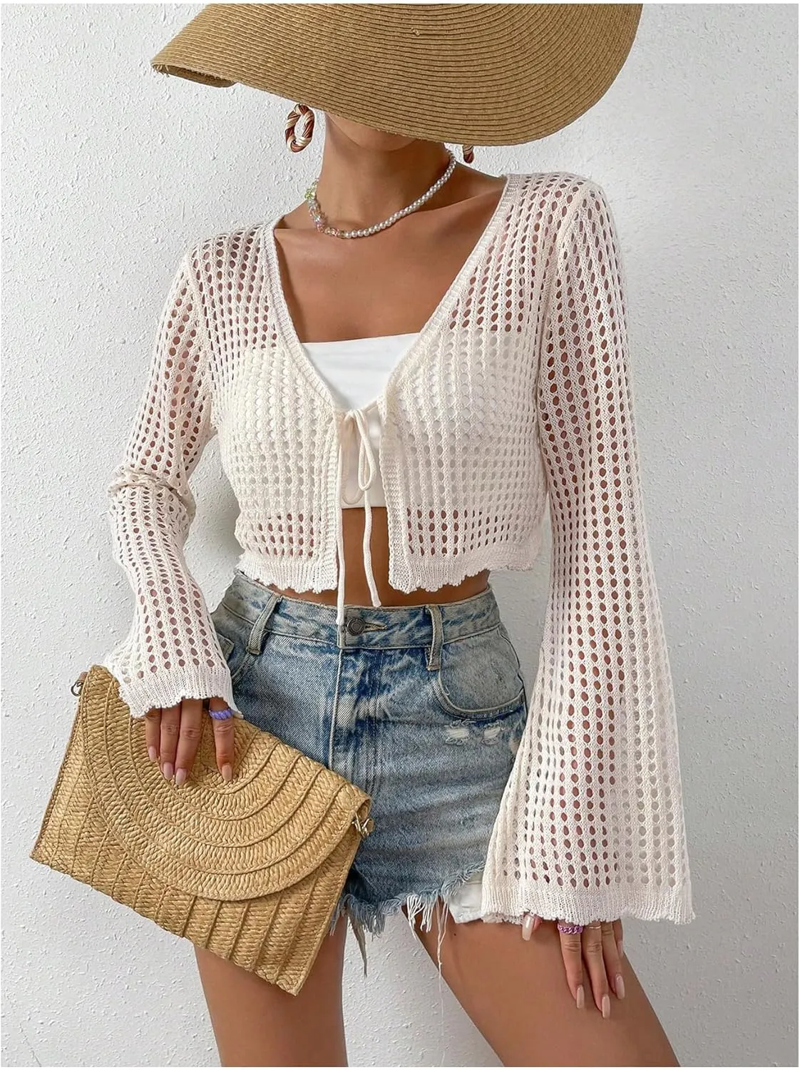 SHENHE Women's Tie Front Tops Bell Long Sleeve Knit Crochet Cardigan Crop Top