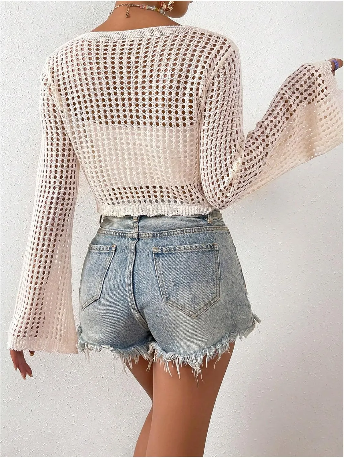 SHENHE Women's Tie Front Tops Bell Long Sleeve Knit Crochet Cardigan Crop Top