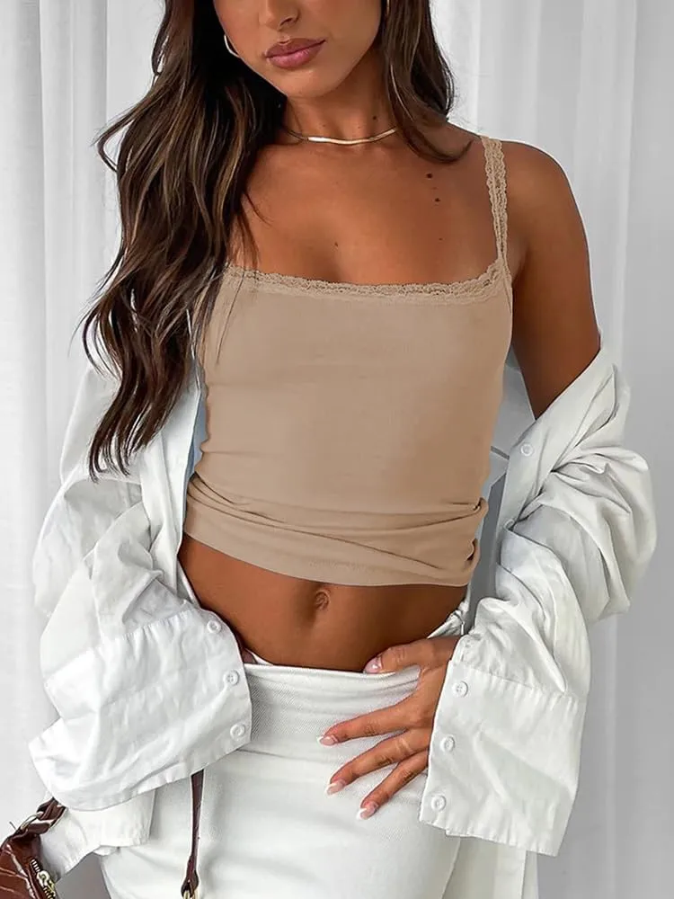 Sleeveless Camisole Tank Tops for Women Y2K Spaghetti Strap Lace Trim Slim Fit Basic Cami Shirts