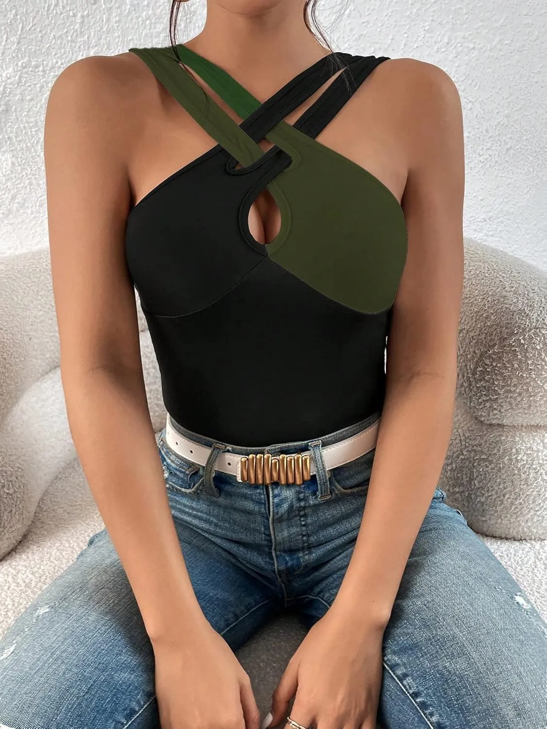 SOLY HUX Women's Color Block Criss Cross Front Cut Out Cami Tops Sleeveless Summer Camisole
