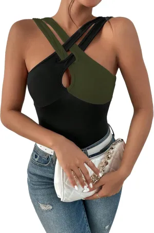SOLY HUX Women's Color Block Criss Cross Front Cut Out Cami Tops Sleeveless Summer Camisole