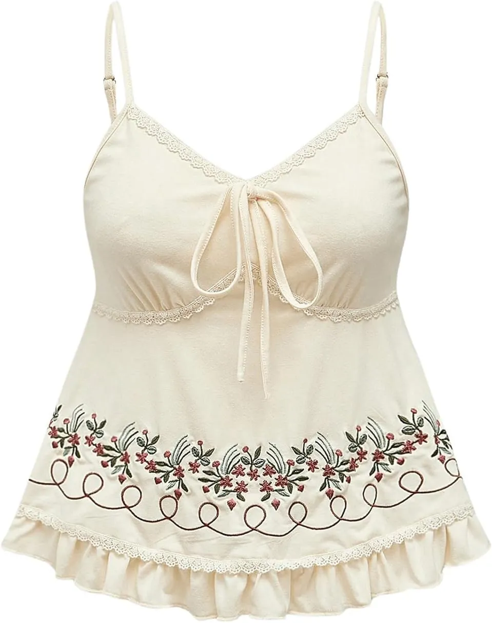 SOLY HUX Women's Floral Embroidery Cami Tops Tie Front Ruffle Hem Summer Camisole