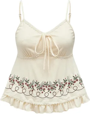 SOLY HUX Women's Floral Embroidery Cami Tops Tie Front Ruffle Hem Summer Camisole