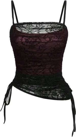 SOLY HUX Women's Ruched Lace Cami Top Drawstring Sleeveless Clubwear Sexy Gothic Tops