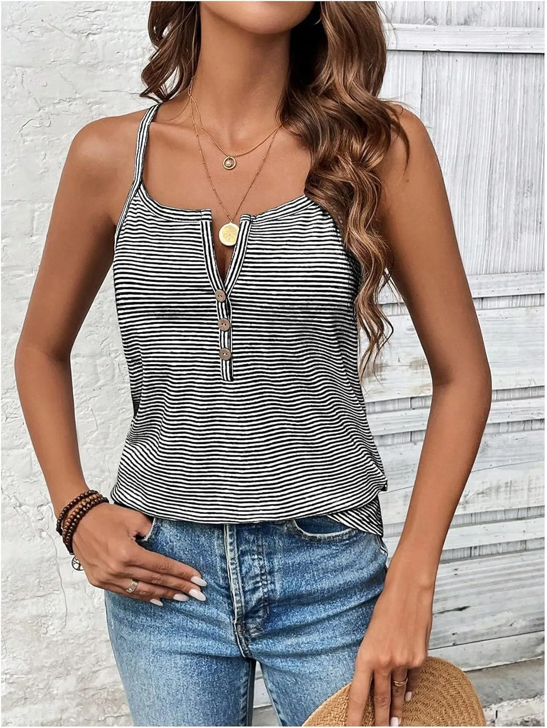 SOLY HUX Women's Striped Cami Tops Notched V Neck Button Front Summer Camisole