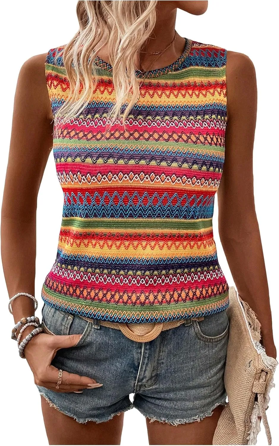 SOLY HUX Women's Summer Boho Tank Tops Geo Print Sleeveless Crewneck Casual Vacation Vest Top Shirts