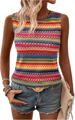 SOLY HUX Women's Summer Boho Tank Tops Geo Print Sleeveless Crewneck Casual Vacation Vest Top Shirts