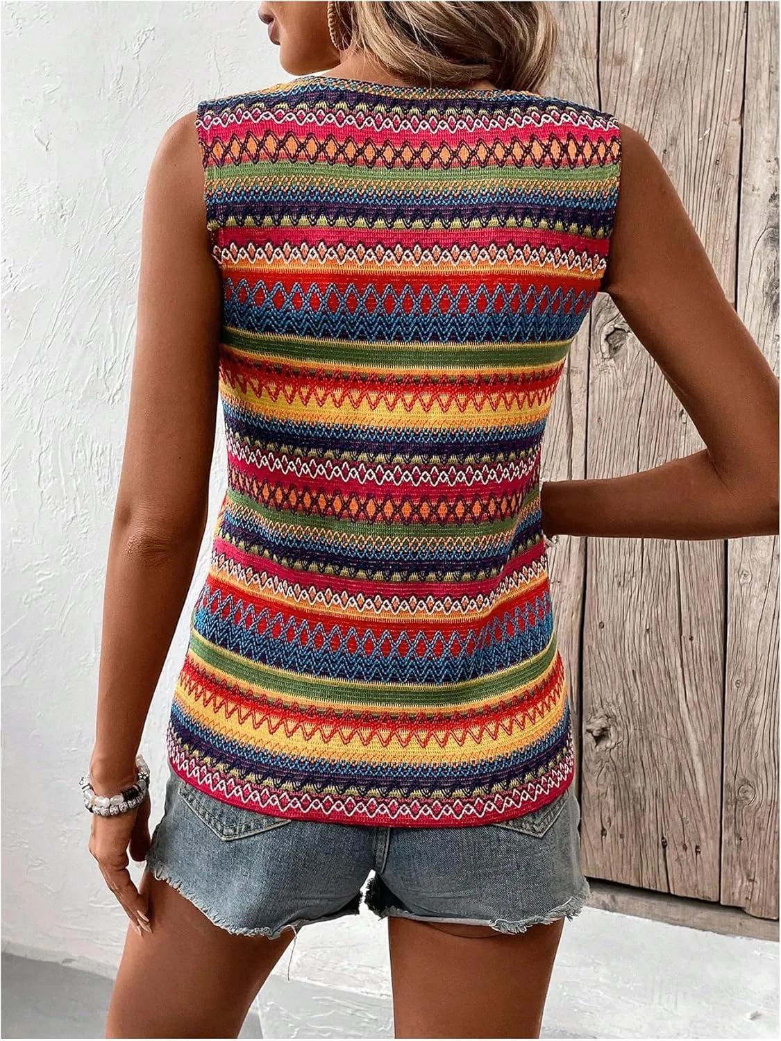 SOLY HUX Women's Summer Boho Tank Tops Geo Print Sleeveless Crewneck Casual Vacation Vest Top Shirts