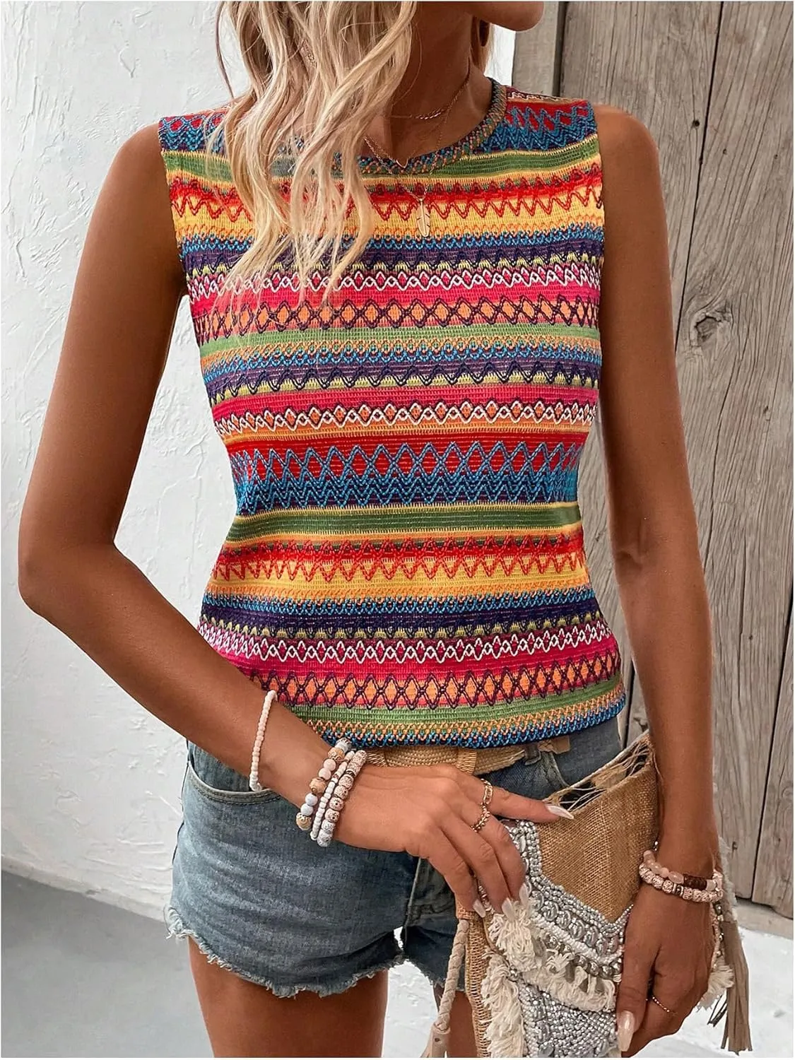 SOLY HUX Women's Summer Boho Tank Tops Geo Print Sleeveless Crewneck Casual Vacation Vest Top Shirts