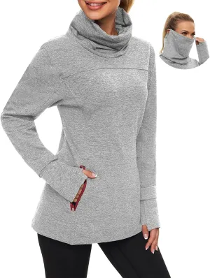 Soneven Women's Running Fleece Sweatshirts Cowl Neck Pullover Long sleeve Shirt with Thumb Holes and Neck Gaiter Face Mask