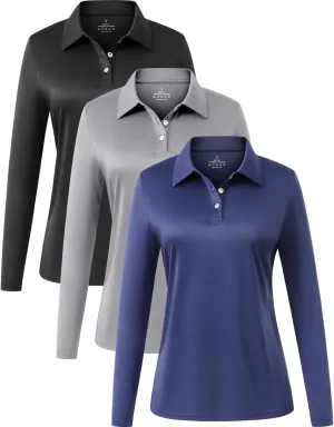 Star Vibe Long Sleeve Polo Shirts for Women Moisture Wicking Golf Shirt Quick Dry UPF 50  Sun Tennis Athletic Tops 3 Pack