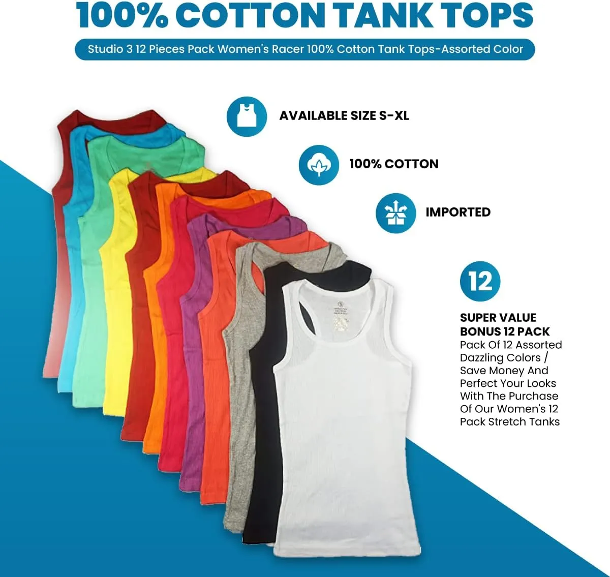 Studio 3 12 Pieces Pack Women's Ribbed 100% Cotton Tank Tops-Assorted Color