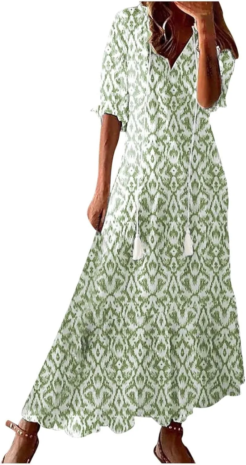Summer Dresses for Women 2024 Boho Floral Printed Maxi Dress Midi Sleeve Smocked Ruffle V Neck Flowy Beach Dress