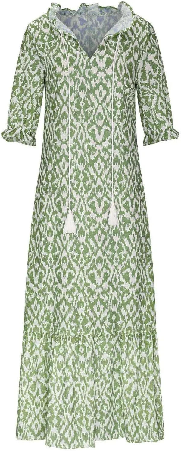 Summer Dresses for Women 2024 Boho Floral Printed Maxi Dress Midi Sleeve Smocked Ruffle V Neck Flowy Beach Dress