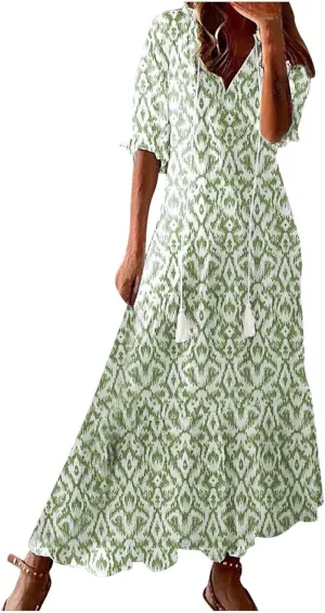 Summer Dresses for Women 2024 Boho Floral Printed Maxi Dress Midi Sleeve Smocked Ruffle V Neck Flowy Beach Dress