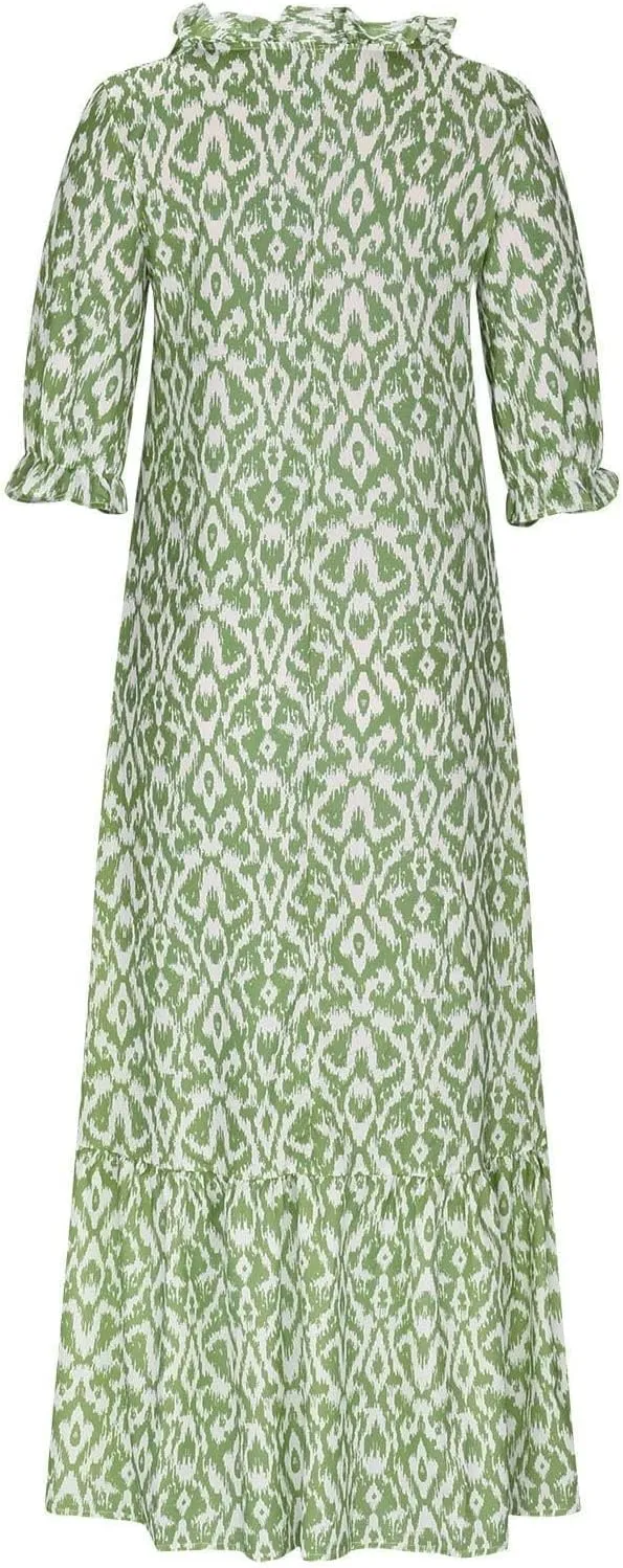 Summer Dresses for Women 2024 Boho Floral Printed Maxi Dress Midi Sleeve Smocked Ruffle V Neck Flowy Beach Dress
