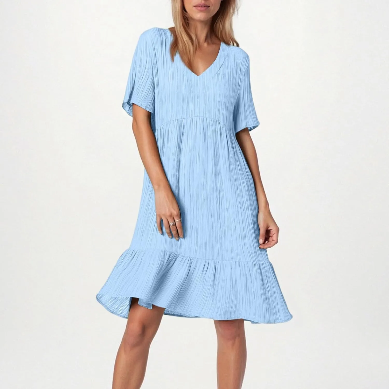 Summer Dresses for Women 2025 Loose V Neck Short Sleeve T Shirt Dress Casual Flowy Ruffle Tiered Layered A-Line Dress