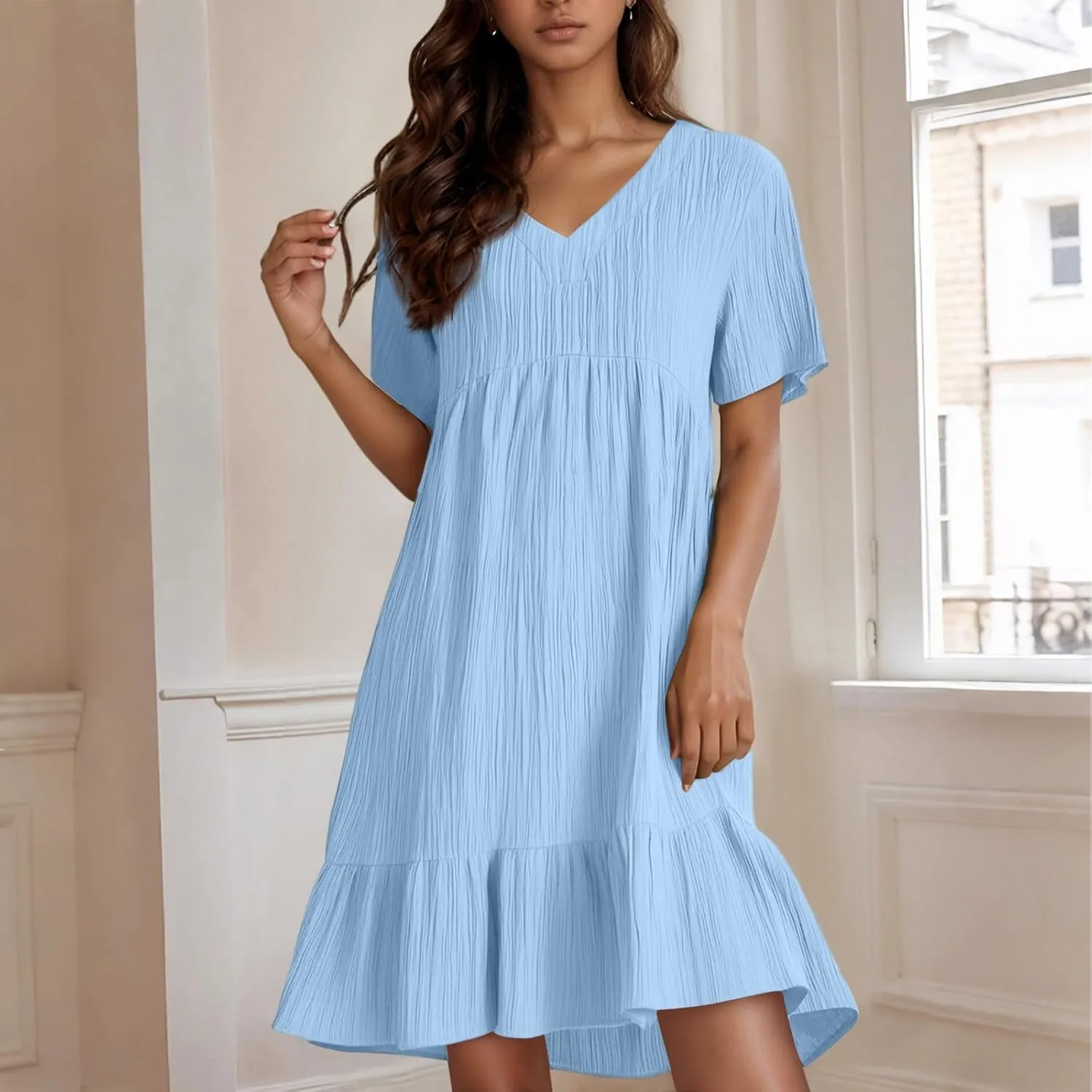 Summer Dresses for Women 2025 Loose V Neck Short Sleeve T Shirt Dress Casual Flowy Ruffle Tiered Layered A-Line Dress