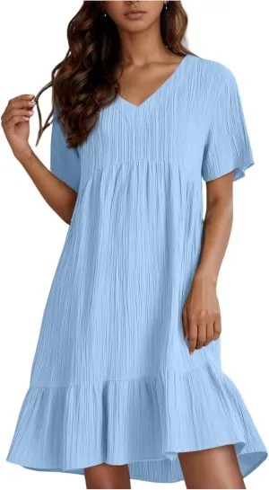 Summer Dresses for Women 2025 Loose V Neck Short Sleeve T Shirt Dress Casual Flowy Ruffle Tiered Layered A-Line Dress