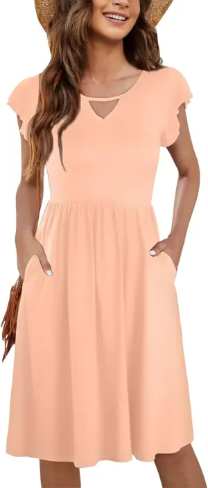 Summer Dresses for Women 2025 Ruffle Sleeve Casual Sundress Swing Elastic Waist Dress with Pockets