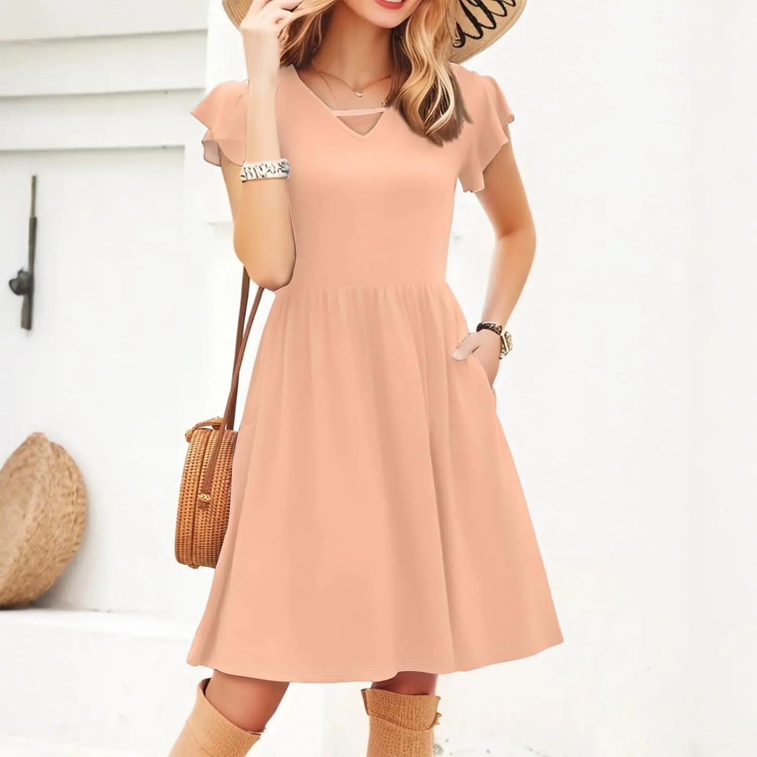Summer Dresses for Women 2025 Ruffle Sleeve Casual Sundress Swing Elastic Waist Dress with Pockets