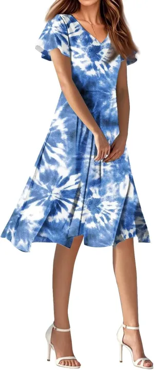 Summer Dresses for Women Casual Short Sleeve V-Neck Flowy Floral Dress Short Party Dress Vacation Travel Outfits
