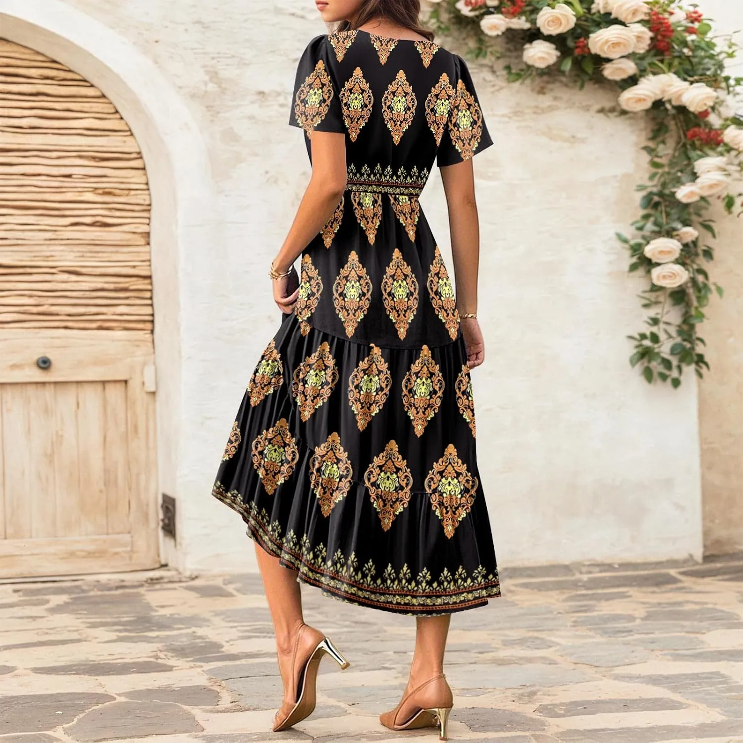 Summer Dresses for Women Crewneck Short Sleeve A Line Casual Floral Dresses Chiffon Tie Waist Pleated Midi Dress
