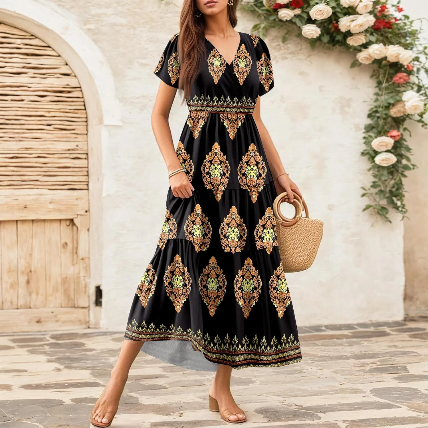 Summer Dresses for Women Crewneck Short Sleeve A Line Casual Floral Dresses Chiffon Tie Waist Pleated Midi Dress