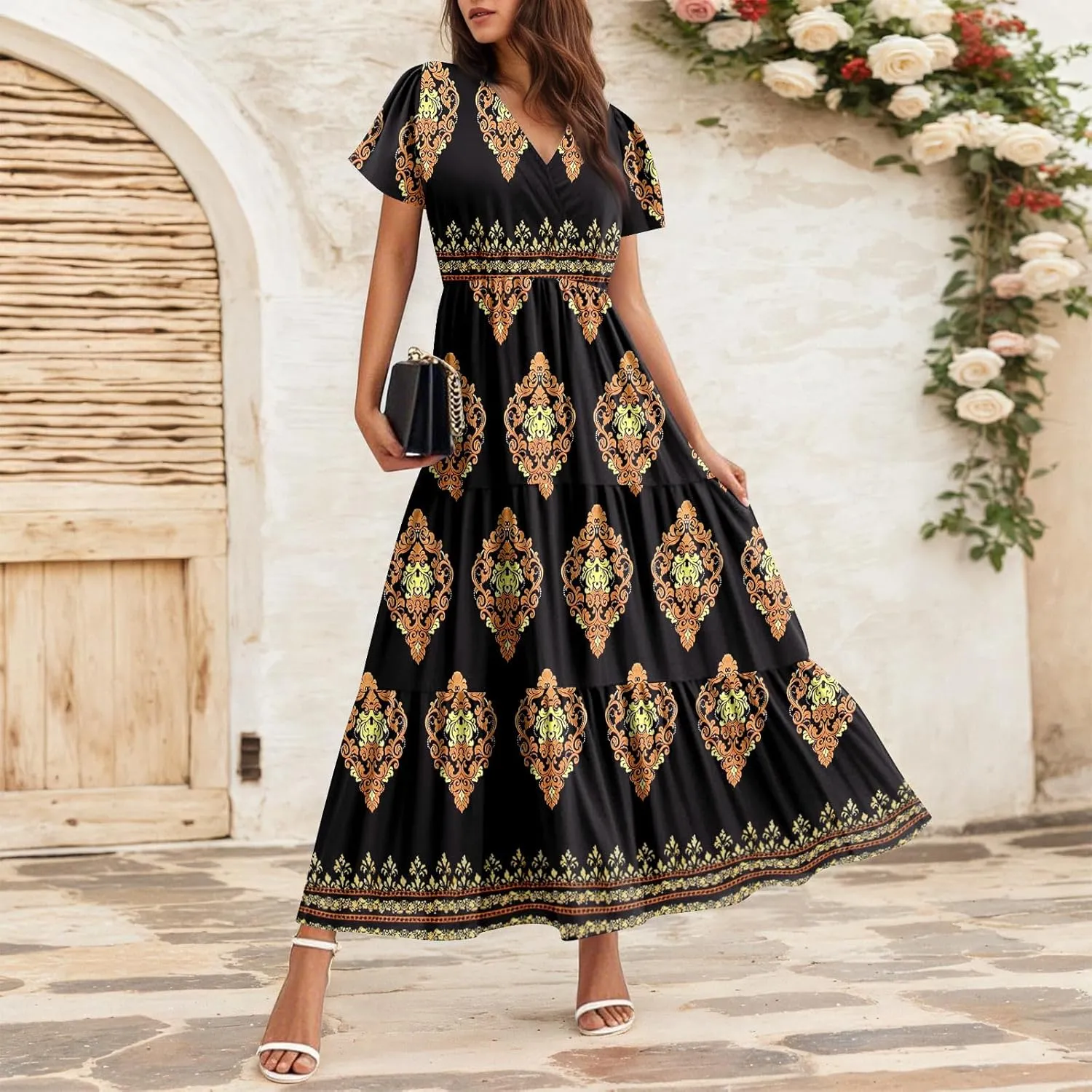 Summer Dresses for Women Crewneck Short Sleeve A Line Casual Floral Dresses Chiffon Tie Waist Pleated Midi Dress