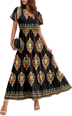 Summer Dresses for Women Crewneck Short Sleeve A Line Casual Floral Dresses Chiffon Tie Waist Pleated Midi Dress