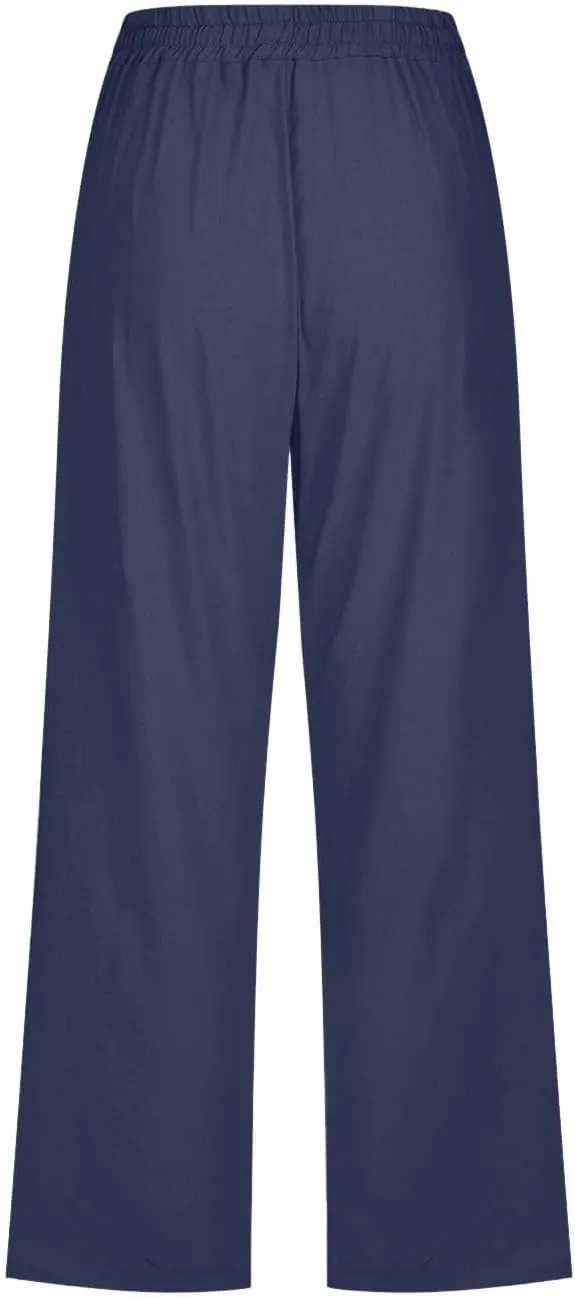 Summer Linen Capris for Women Casual Loose Wide Leg Trousers with Pockets Lightweight High Waisted Cropped Pants