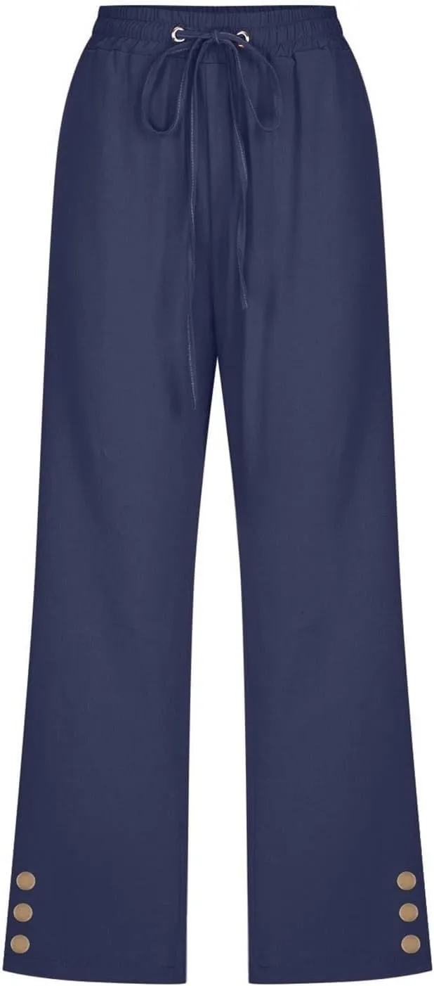 Summer Linen Capris for Women Casual Loose Wide Leg Trousers with Pockets Lightweight High Waisted Cropped Pants