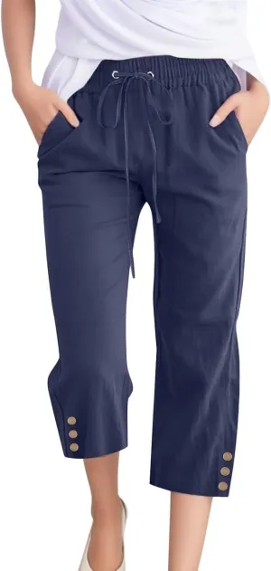 Summer Linen Capris for Women Casual Loose Wide Leg Trousers with Pockets Lightweight High Waisted Cropped Pants