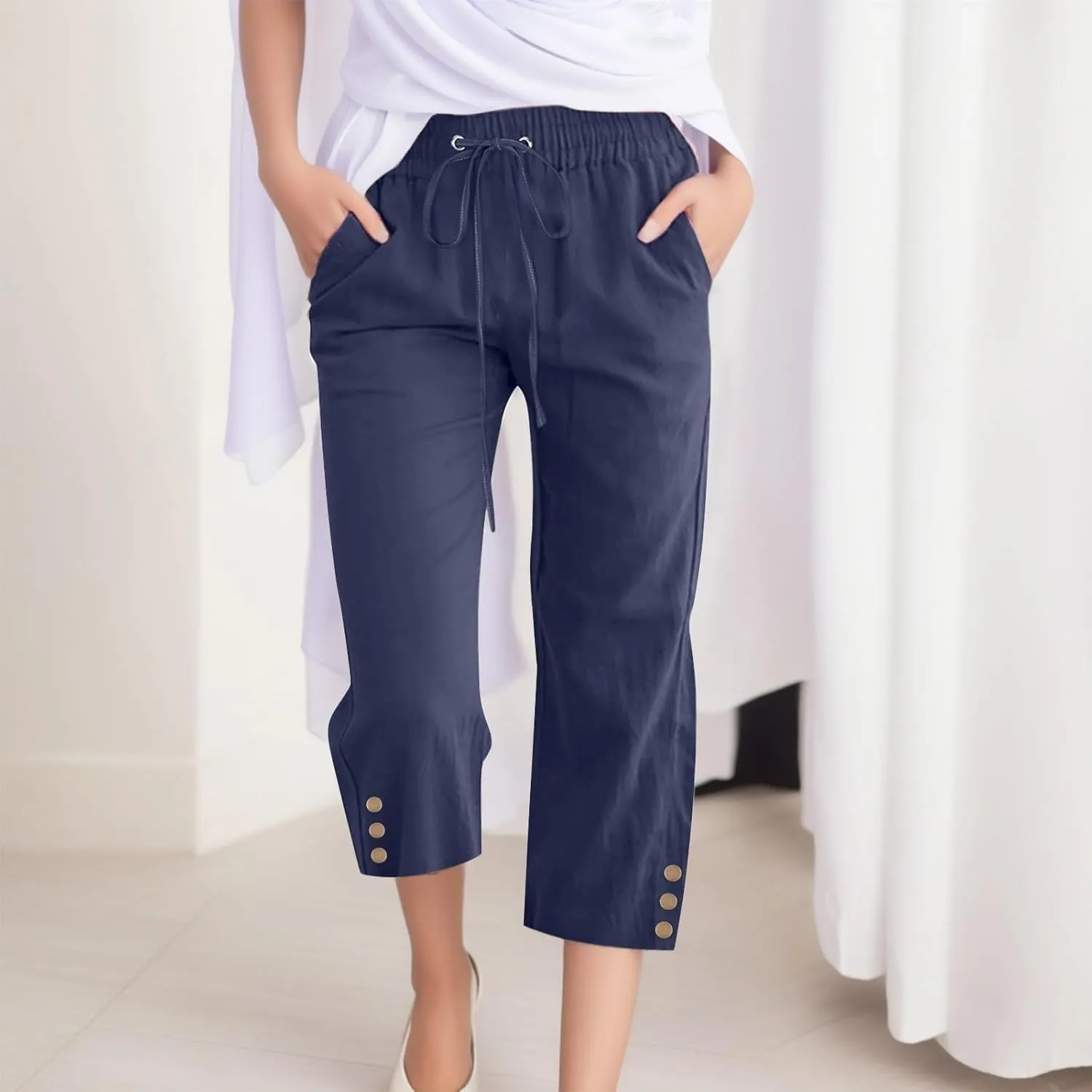 Summer Linen Capris for Women Casual Loose Wide Leg Trousers with Pockets Lightweight High Waisted Cropped Pants