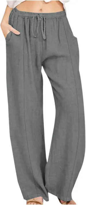 Summer Linen Pants for Women High Waisted Straight Leg Trousers Drawstring Elastic Loose Casual Boho Palazzo Pants