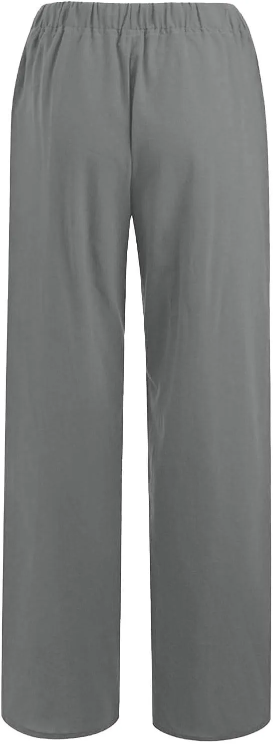 Summer Linen Pants for Women High Waisted Straight Leg Trousers Drawstring Elastic Loose Casual Boho Palazzo Pants