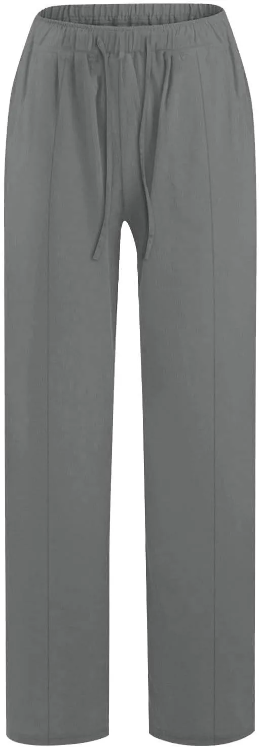 Summer Linen Pants for Women High Waisted Straight Leg Trousers Drawstring Elastic Loose Casual Boho Palazzo Pants