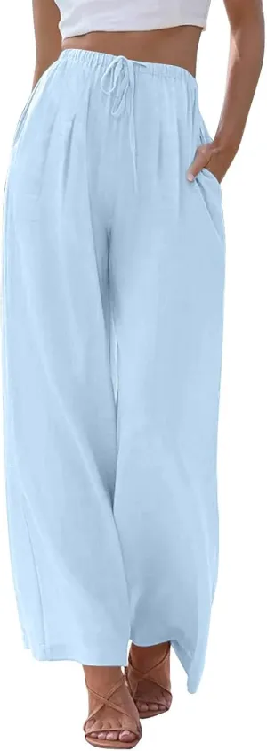 Summer Linen Pants Women Casual Drawstring Elastic Waist Palazzo Pants Flowy Boho Wide Leg Beach Trousers with Pockets