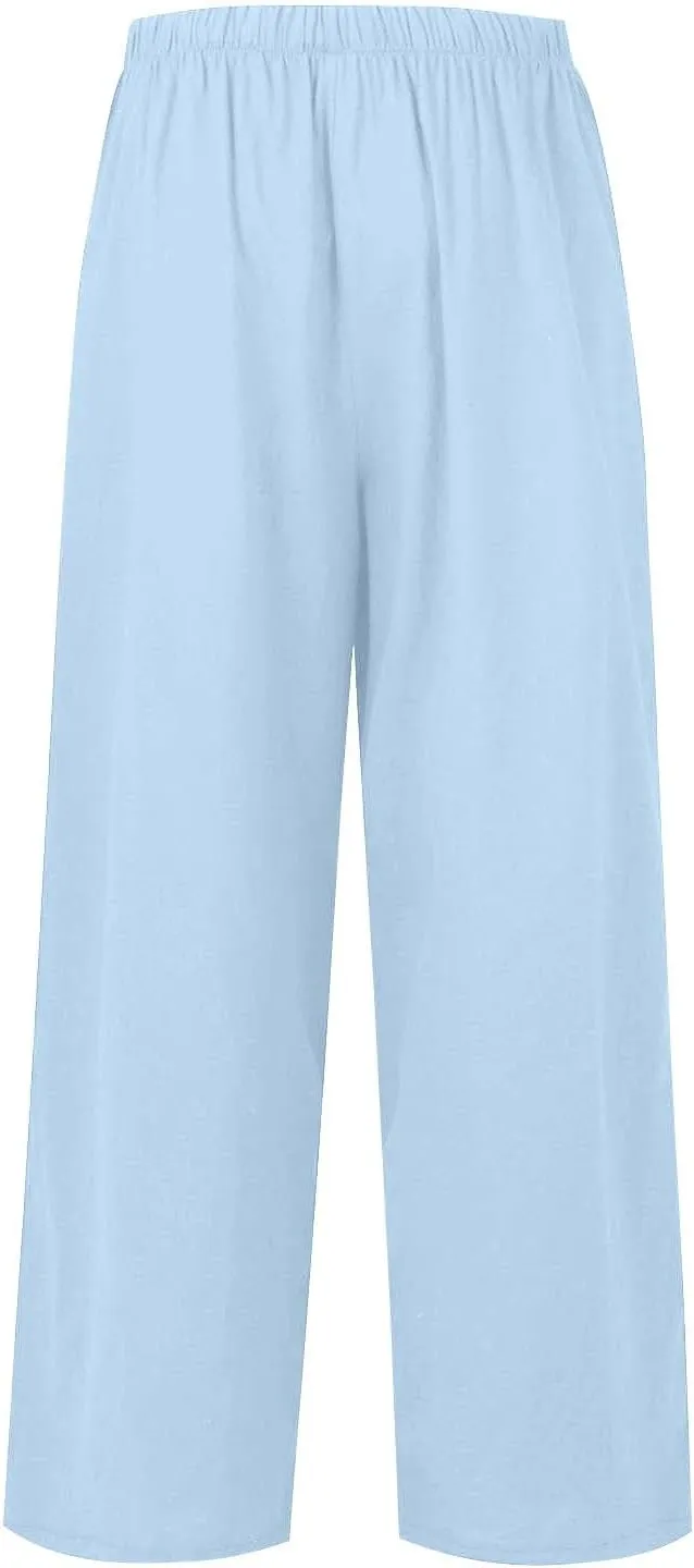 Summer Linen Pants Women Casual Drawstring Elastic Waist Palazzo Pants Flowy Boho Wide Leg Beach Trousers with Pockets