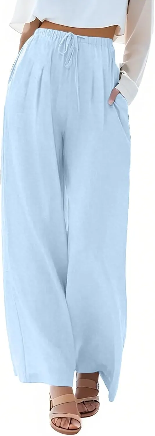 Summer Linen Pants Women Casual Drawstring Elastic Waist Palazzo Pants Flowy Boho Wide Leg Beach Trousers with Pockets