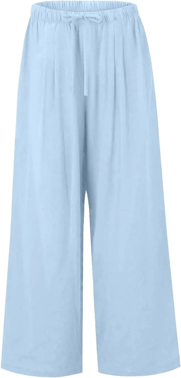 Summer Linen Pants Women Casual Drawstring Elastic Waist Palazzo Pants Flowy Boho Wide Leg Beach Trousers with Pockets